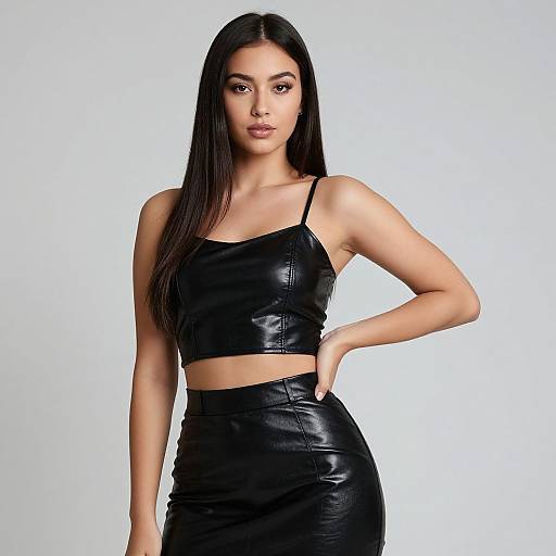 Photograph of a young woman with long black hair, wearing a black leather crop top and matching high-waisted skirt, standing against a plain white
