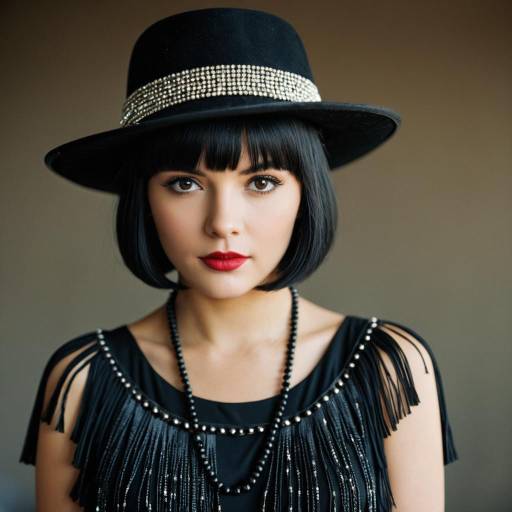 Woman in Black Beaded Fringe Dress and Hat