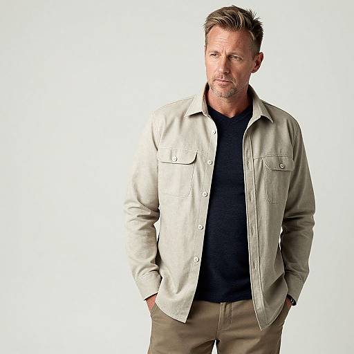 Photograph of a middle-aged, Caucasian man with short, light brown hair, wearing a beige button-up shirt, black t-shirt, and beige pants