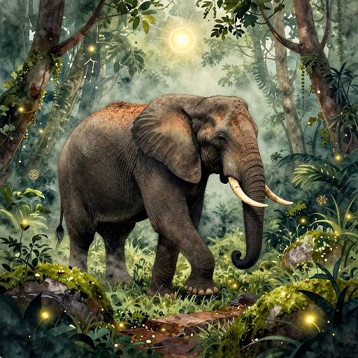 Digital art of a majestic, gray elephant with white tusks walking through a lush, enchanted forest illuminated by glowing fireflies.