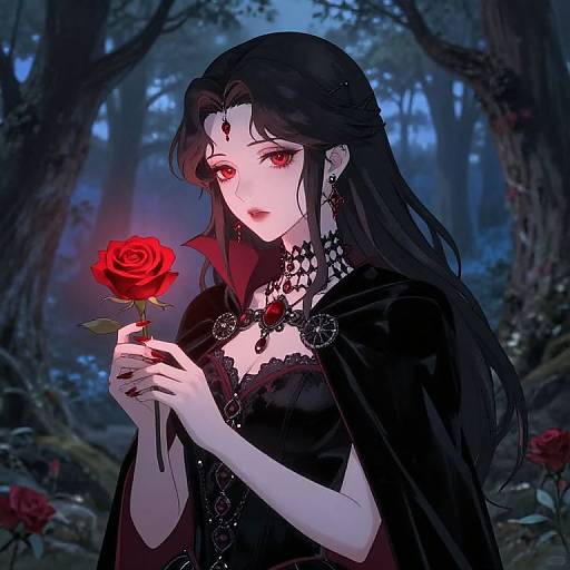 Digital anime-style drawing of a pale, dark-haired woman with red eyes, holding a red rose in a dark forest. She wears black lace, a