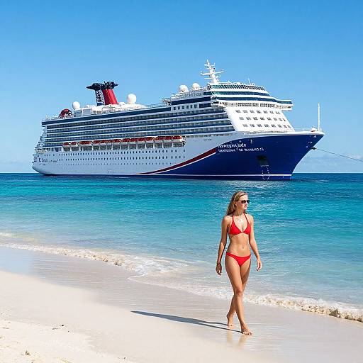 Norwegian Jade Cruise Ship by Beach with Woman in Red Bikini