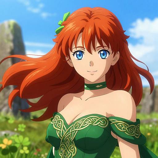 Anime-style digital drawing of a red-haired woman with blue eyes, wearing a green off-shoulder dress with gold trim, set against a bright blue