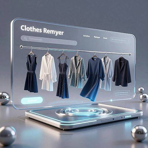 Digital display showcasing a virtual closet with various clothing items, including dresses and tops, on hangers, illuminated by blue light. Modern, futuristic design with