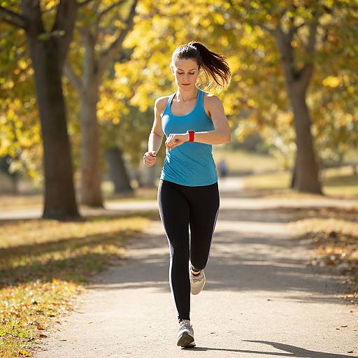 Photograph of a fit woman with a ponytail, wearing a blue tank top and black leggings, running on a sunny, tree-lined path with golden
