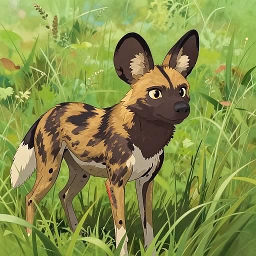 Digital illustration of an African wild dog with tan and black fur, large ears, and alert eyes, standing in vibrant green grass and foliage.