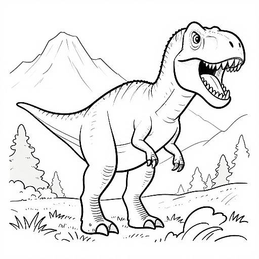 Black and white cartoon drawing of a roaring dinosaur with sharp teeth, standing in a grassy field with mountains and trees in the background.