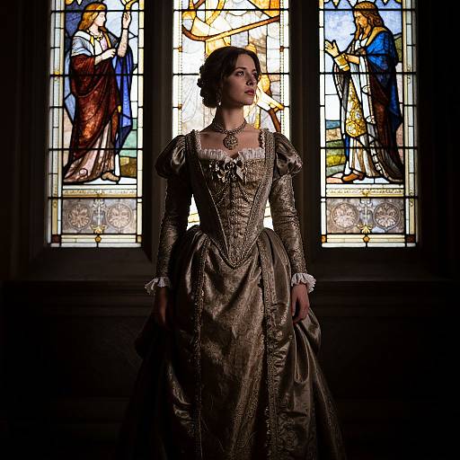Photograph of a woman in an ornate, brown, Renaissance-style dress standing in front of glowing, stained-glass windows with religious figures.