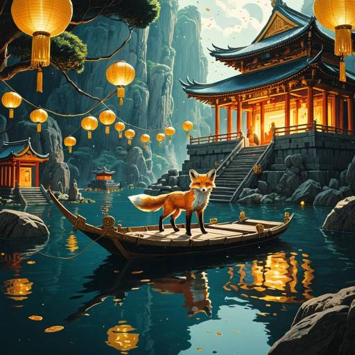 Fox on Boat in Floating Ancient Temple