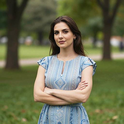 Photograph of a young woman with long dark hair, light blue patterned dress, arms crossed, standing in a green park.