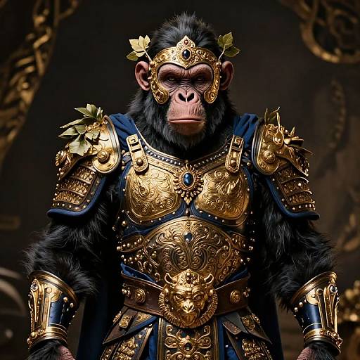Digital artwork of a black-furred baboon in elaborate, gold and blue Roman-style armor with laurel wreaths, standing sternly.