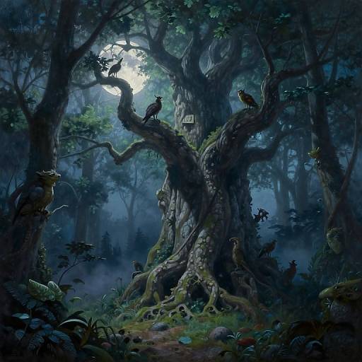 Mystical, moonlit forest scene with a twisted, ancient tree; birds perched on branches, moss-covered roots, and a glowing sign.