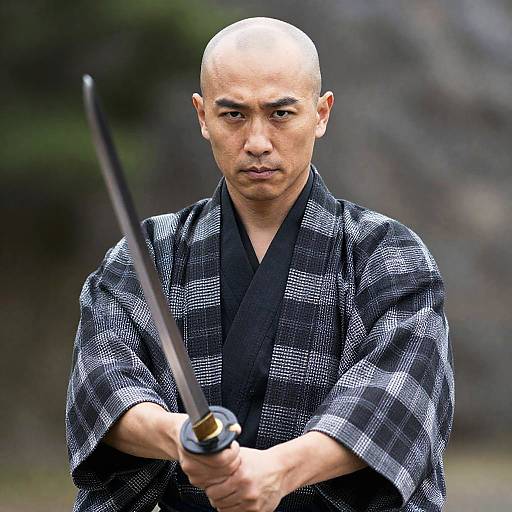 Serious Asian Man in Checkered Kimono