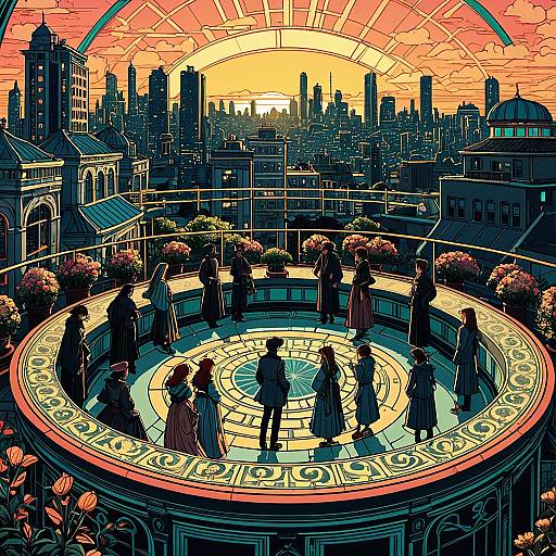 Twelve Zoetrope Characters in Rooftop Garden at Golden Hour