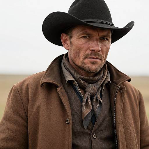 Photograph of a rugged, middle-aged white man with stubble, wearing a black cowboy hat, brown coat, and brown scarf, against a blurred