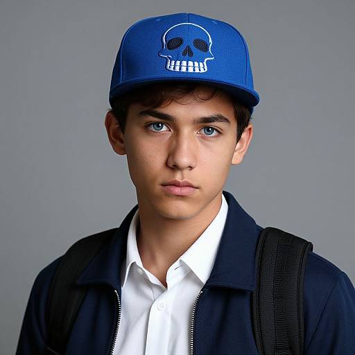 Photograph of a young man with light brown skin, blue eyes, wearing a blue skull cap, white shirt, black jacket, and backpack, against