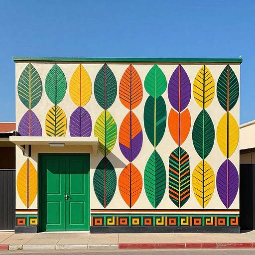 Photograph of a brightly colored building with a green door, featuring a large mural of vividly colored, patterned leaves in rows. Clear blue sky