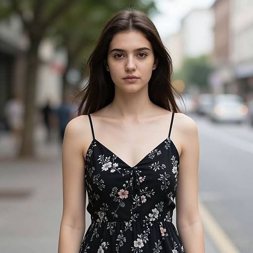 Photograph of a young woman with long dark hair, wearing a black floral dress, standing on a blurred city street.