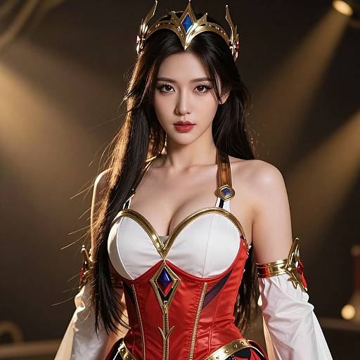 Photograph of an East Asian woman with long black hair, wearing a red and white queen costume with gold trim, blue gems, and a golden crown