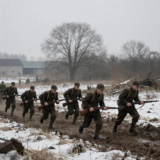 Soldiers Advancing Across Muddy Snow Battlefield