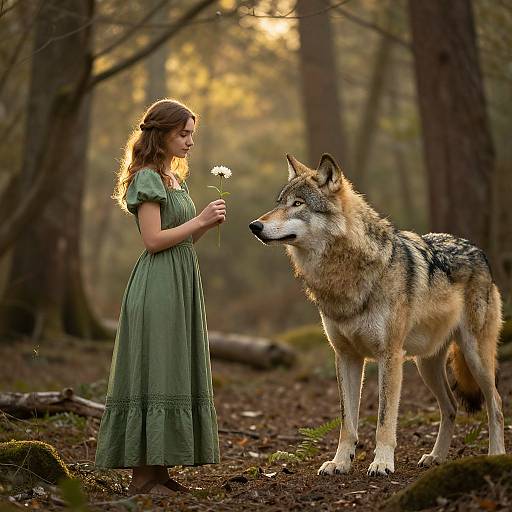 Photograph: Young woman in green dress holding daisy stands in forest, facing large, alert wolf with striped fur, sunlight filtering through trees.