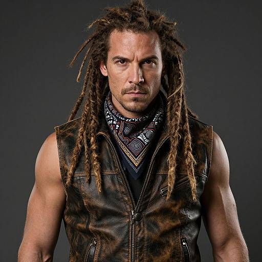 Photograph of muscular, white man with dreadlocks, wearing black leather vest, bandana, intense expression, against dark gray background. Rock musician look