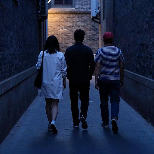 Three People Walking in Dimly Lit Alley