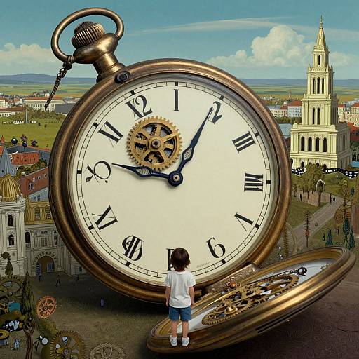 Photograph-style CGI: Giant pocket watch with Roman numerals and gears towers over a small girl in a white shirt and denim shorts, overlooking a city