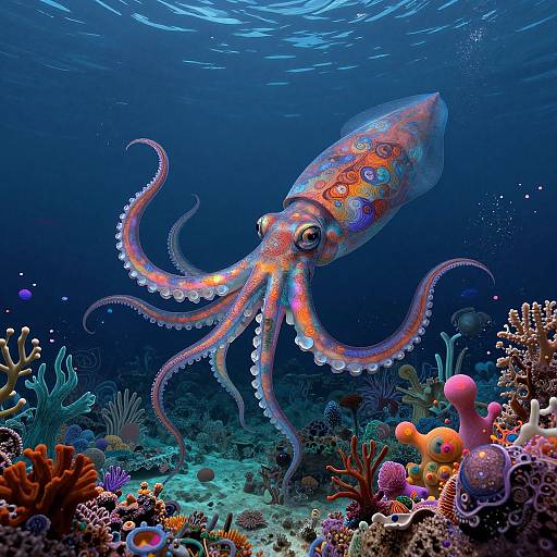 Vibrant underwater photograph of a colorful, patterned octopus with glowing eyes, swimming among vivid coral reefs in a deep blue ocean.
