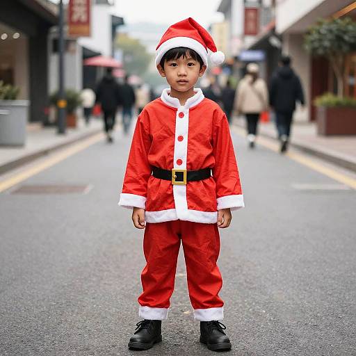 Boy in Santa Claus Costume on Street