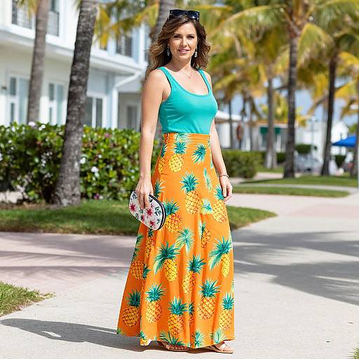 Photograph of a smiling woman with brown hair, wearing a turquoise tank top and a vibrant orange pineapple-print maxi skirt, standing on a sunny, palm