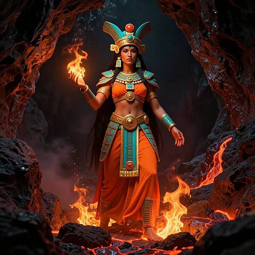 Digital artwork of an ancient Egyptian priestess with dark skin, orange dress, turquoise and gold headpiece, and jewelry, holding a flame, standing in