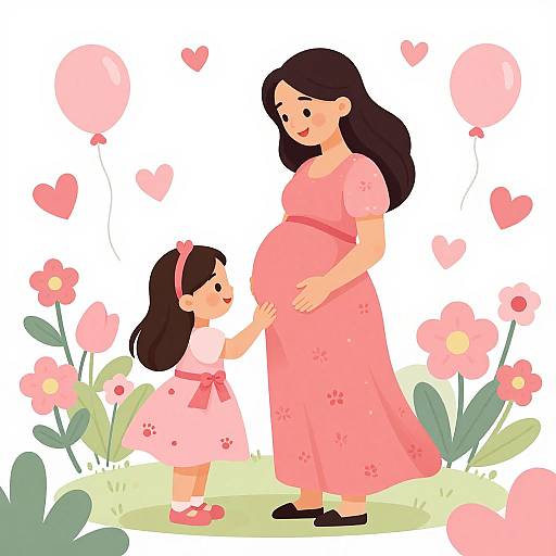 Digital illustration of a pregnant woman in a pink dress and a young girl in a pink dress, standing among pink balloons, hearts, and flowers, with