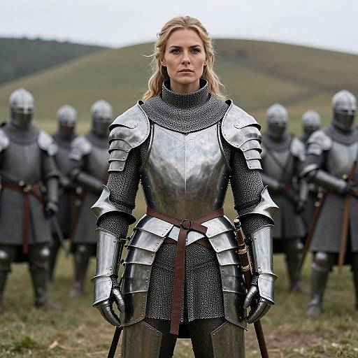 Photograph of a blonde woman in silver medieval armor standing confidently in a grassy field, with a line of armored soldiers in the background.