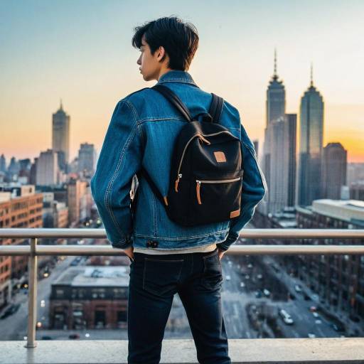 Young Man with Backpack Overlooking Cityscape at Sunset