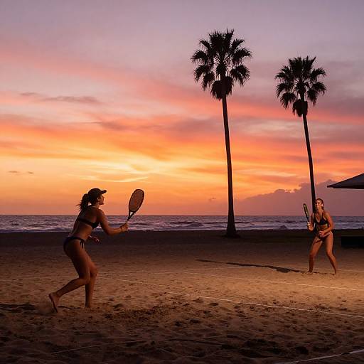 Photograph of two women in bikinis playing beach tennis at sunset, with palm trees and a vibrant orange-pink sky.
