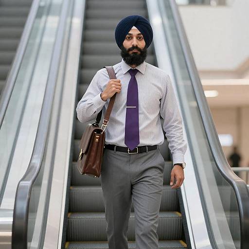 Bearded Man in Blue Turban on Escalator