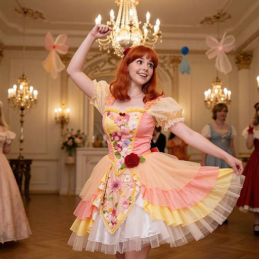 Photograph of a red-haired woman in a colorful, floral-patterned, layered ball gown dancing in an ornate, chandelier-lit ballroom