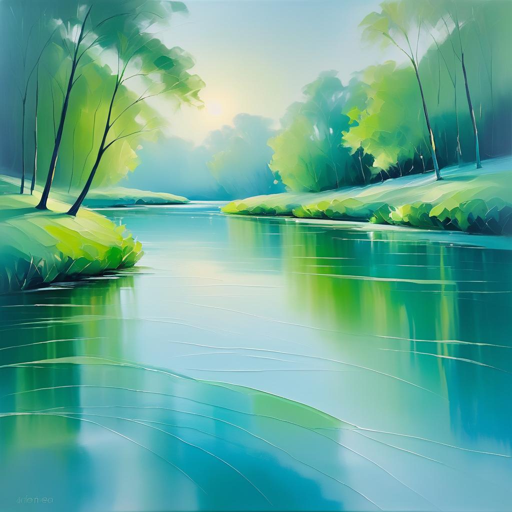 Serene Riverbank: Vibrant Abstract Oil Painting