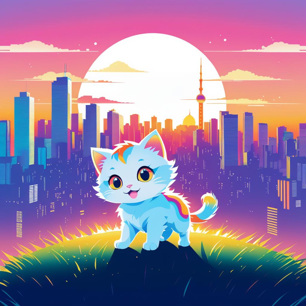 Playful Kitten in Sunset City Skyline