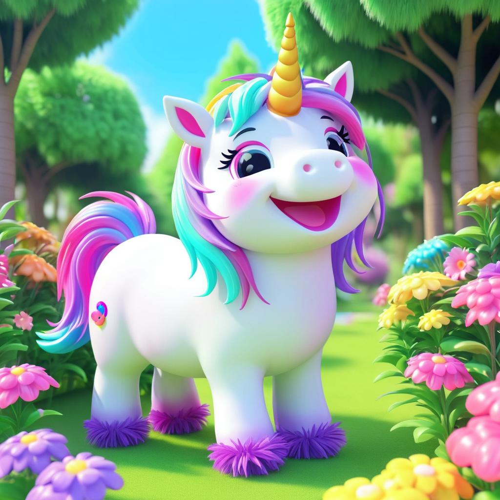 Kawaii Fluffy Unicorn in Colorful Garden