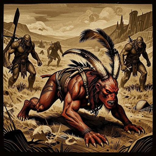 Digital illustration: muscular, red-skinned, feathered werewolf with fierce expression, crouched on grass, three armed warriors in background, sep