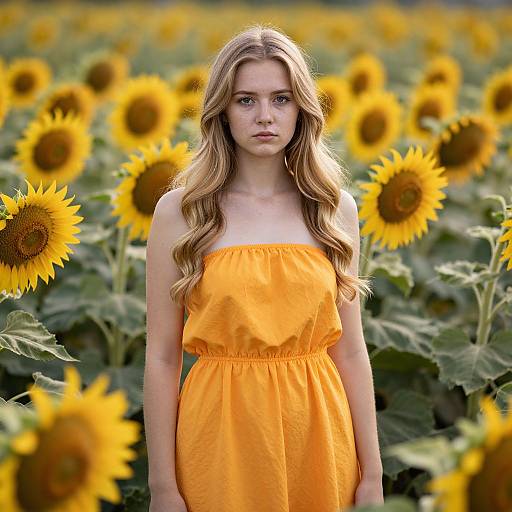 Photograph of a young blonde woman with wavy hair, wearing an orange strapless dress, standing in a sunflower field.