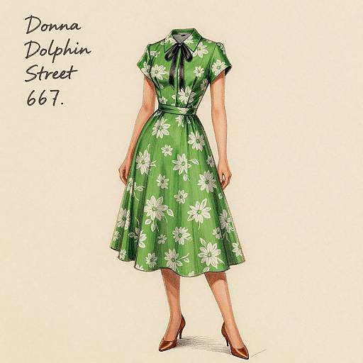 Digital drawing of a woman's green, short-sleeved, floral dress with a black bow neckline, knee-length, and brown heels. Text: