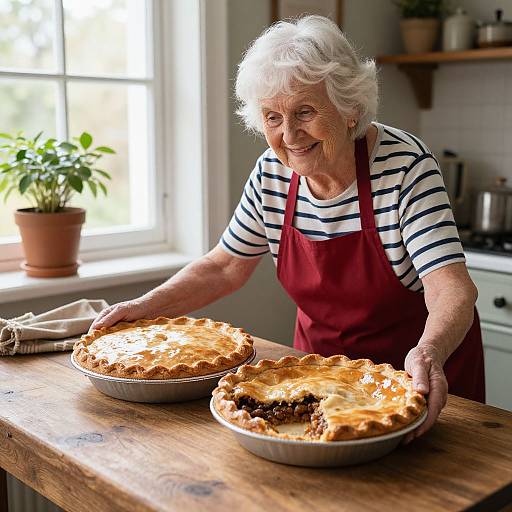 Photograph of an elderly white woman with short white hair, wearing a red apron over a striped shirt, smiling while placing two golden-brown pies