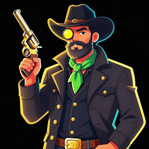 Cartoon-style digital drawing of a bearded man in a black cowboy hat and coat, green scarf, yellow eyepatch, holding a revolver,