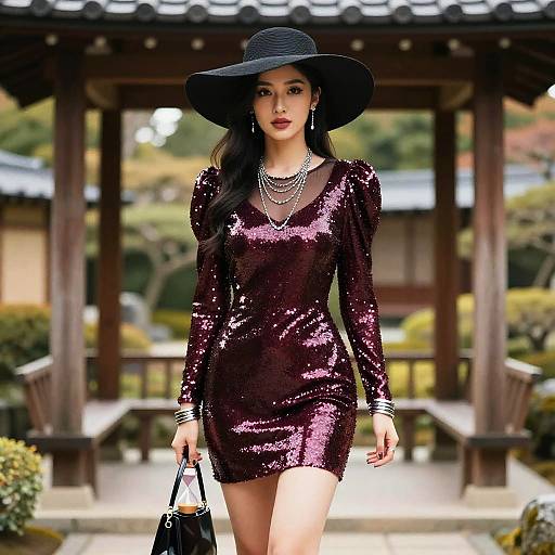 Elegant Hourglass Woman in Japanese Garden
