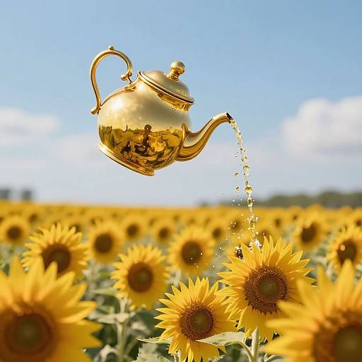 Golden teapot pouring sparkling liquid over sunflower field under clear blue sky with scattered white clouds, creating a magical, vibrant scene.