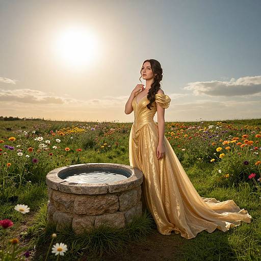 Photograph of a woman in a golden, flowing gown standing by a stone well in a sunlit meadow with colorful flowers.
