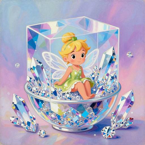 Digital art of a cute, blonde fairy with green dress and translucent wings, sitting inside a crystal cube, surrounded by sparkling crystals.